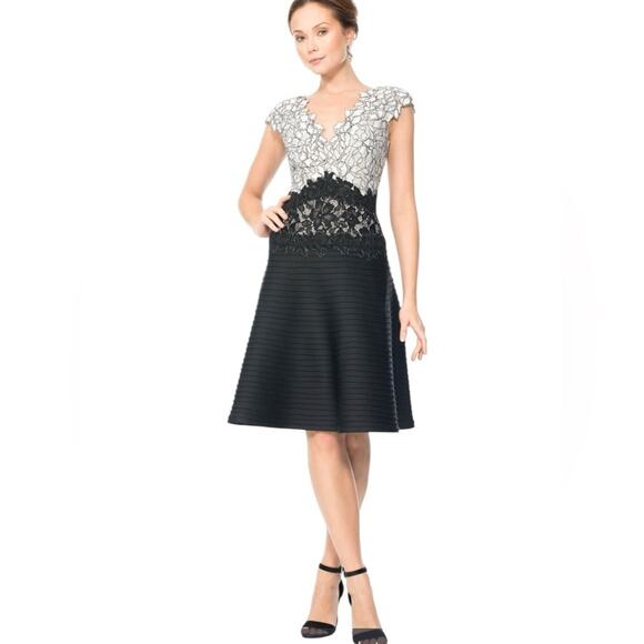 Tadashi Shoji Contrast Lace and Pintuck Neoprene Black White Gray Dress - Picture 1 of 7